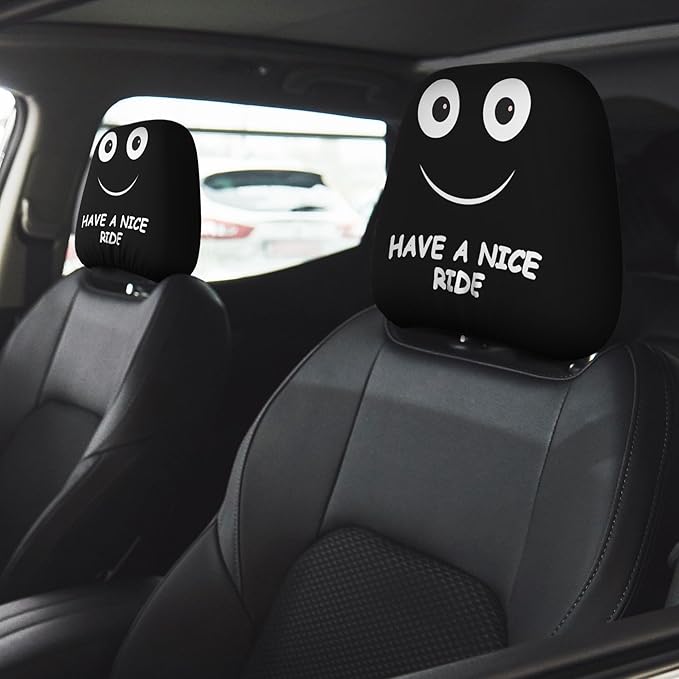 Funny Car Headrest Covers 2 Pack – Double-Sided with Smile “Have A Nice Ride” & Angry “Don’t Touch My Car” Faces – Universal Fit Seat Headrest Protector for Cars, SUVs, Trucks