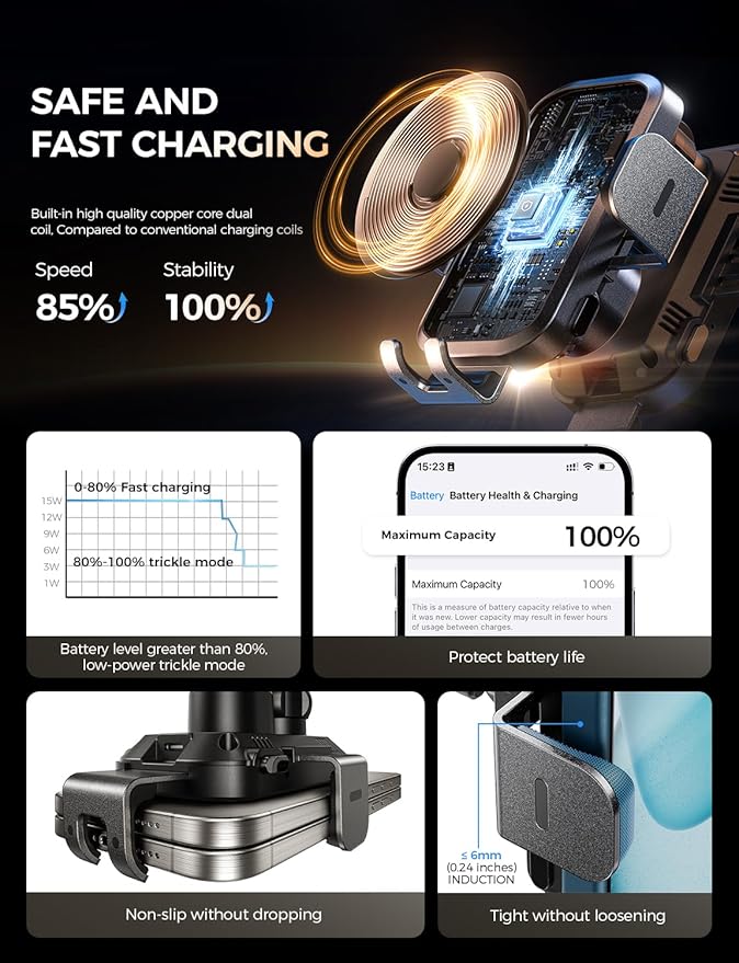 CHGeek Wireless Car Charger with Phone Holder Mount, 15W Fast Charging Auto Clamping Phone Holders for You Car Windshield Dashboard Air Vent Accessories for iPhone, Samsung Galaxy, Google, etc