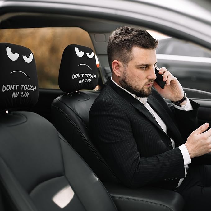 Funny Car Headrest Covers 2 Pack – Double-Sided with Smile “Have A Nice Ride” & Angry “Don’t Touch My Car” Faces – Universal Fit Seat Headrest Protector for Cars, SUVs, Trucks