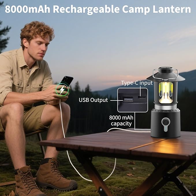 LED Camping Lantern Rechargeable, 8000mAh Telescopic Camping Lights with 3 Light Modes, Waterproof & Impact-Resistant Tent Lights, Lantern Flashlight for Power Outages, Emergency, Hiking, Hurricane