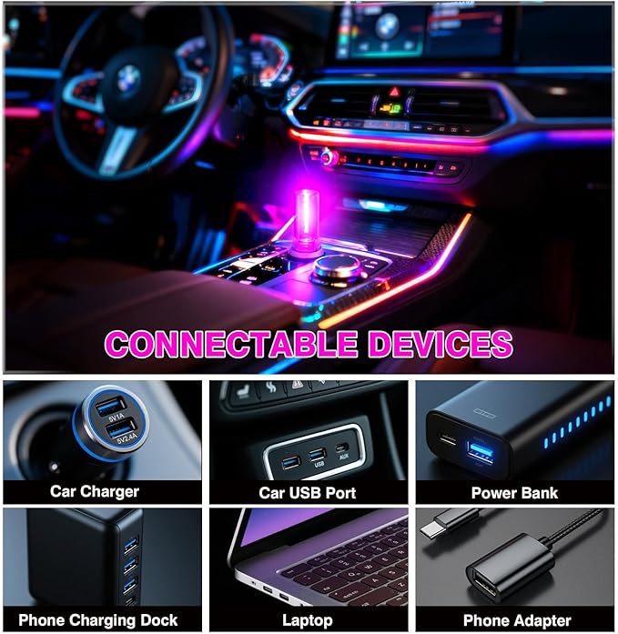 2PCS 13 in 1 USB Car Light, Plug in USB Interior Car Lights, Touch Control Mini Glass Bottle Night Lamp with 13 Modes & 7 Colors, Mini LED Bulb Night Light Ambient Lighting for Auto Bedroom Decoration