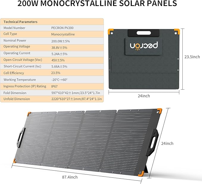 PECRON 200 Watt Solar Panel, Portable Solar Panel for Power Station, High Efficiency Panel Foldable, IP67 Waterproof Power Supply for Camping, RV, Outdoor, Off Grid System