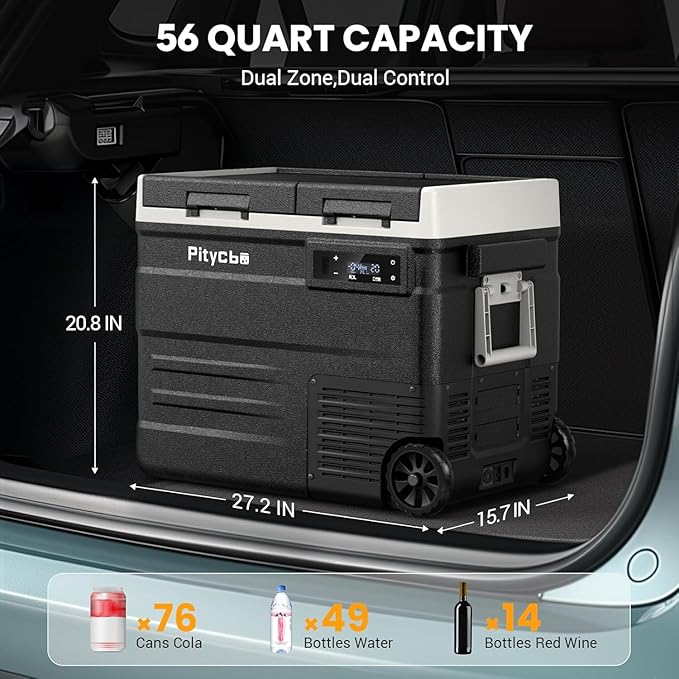 Car Refrigerator 12v Portable Fridge for Car, Auto 56 Quart Dual Zone Freezer Compressor Cooler, -4℉—68℉ 12/24V DC 100~240 Volt AC for Truck, Camping, Travel, Vehicles, RV