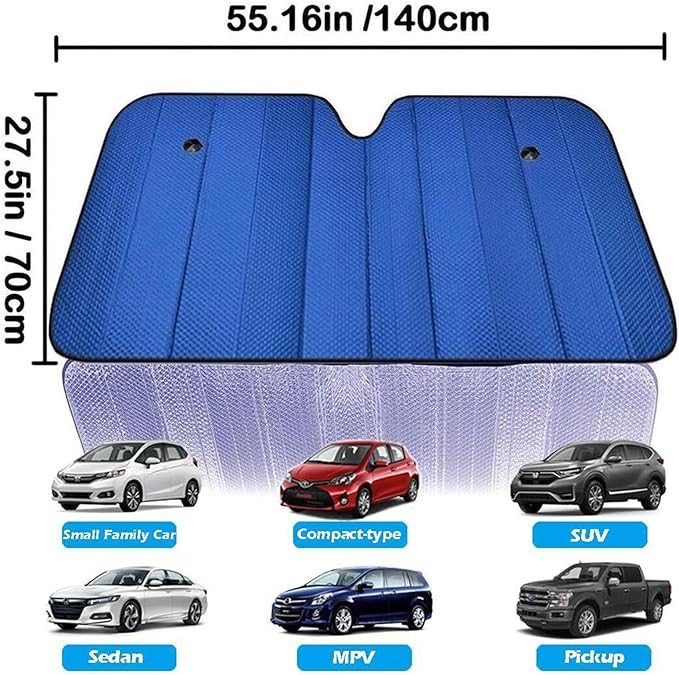 Big Hippo Car Windshield Sun Shade UV Rays Sun Visor Shade,Auto Front Car Window Shades Protector Folded Sun Shield Shade,Keeps Vehicle Cool - Blue (Size: 55.16"X 27.5")