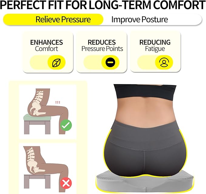 Car Seat Cushion - Comfort Memory Foam Seat Cushion for Car Seat Driver, Tailbone (Coccyx) Pain Relief, Car Seat Cushions for Driving (Gray)
