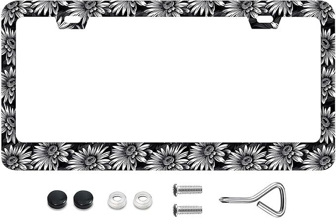 Sunflower Pattern Design on Dark Background License Plate Frames Rust-Proof Stainless Steel Screws Fasteners Included Personalized Cover for Women and Men 12.3x6.3 Inch License Plate Holder -DATANSEN