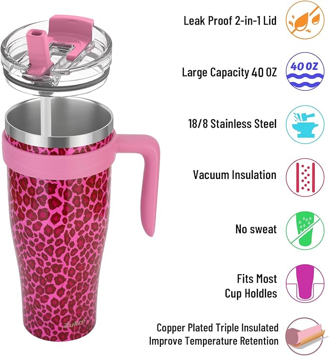 Zukro 40 oz Tumbler With Handle And Straw, Leak-proof Closable Flip Straw Lid, Insulated Stainless Steel Coffee Cup for Hot and Cold Drinks, Travel Mug Fit in Cup Holder, Dishwasher Safe