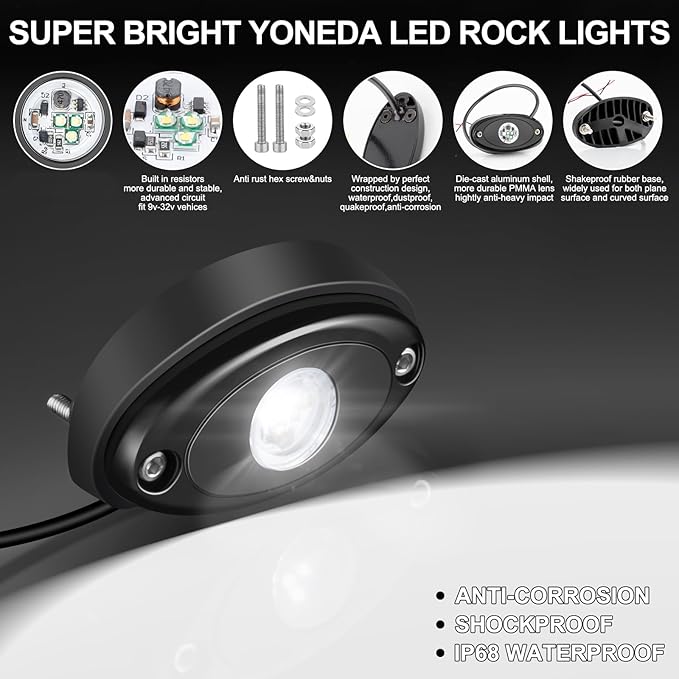 YONEDA White Rock Lights 6000K Ultra Bright LED Neon Underglow Lights IP68 Waterproof for Trucks SUV UTV ATV RZR Car Boats Pickup Motorcycle(4 Pods)