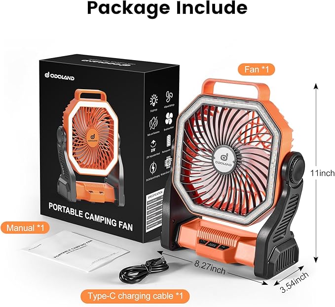 Odoland Rechargeable Camping Fan, 20000mAh Battery Fans with LED Lantern for Tent Car Beach Storm, Portable Light Desk Cooling Fan for Picnic Power Outage Hurricane, Orange