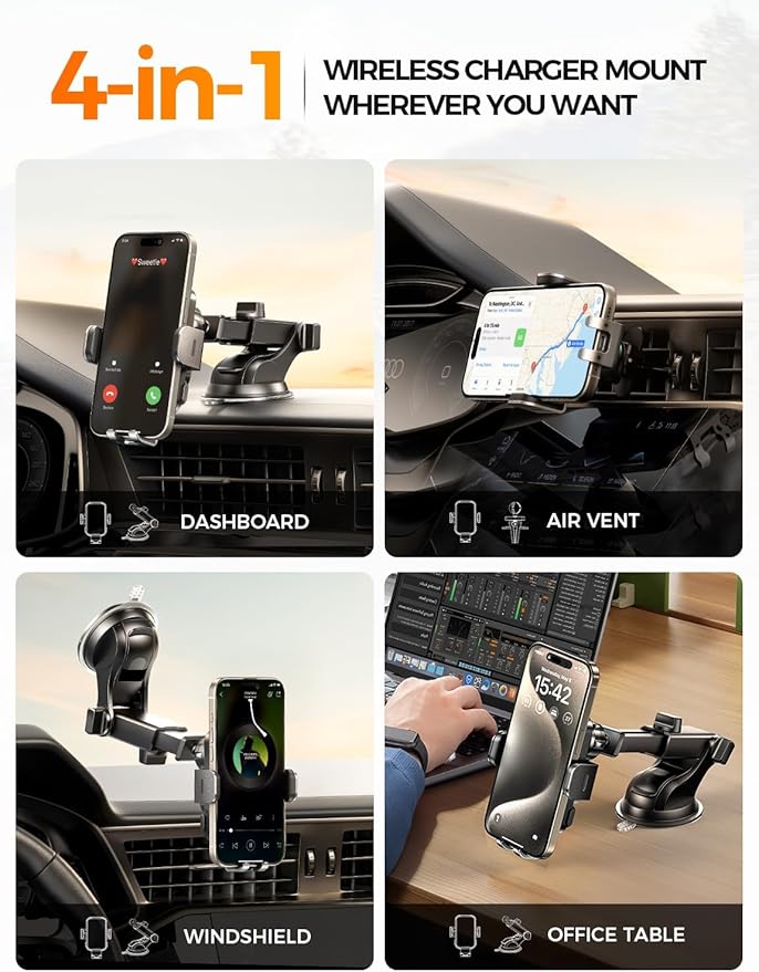 CHGeek Wireless Car Charger Phone Holder Mount, 15W Fast Charging Auto Clamping Phone Holders for Your Car Dashboard Windshield Air Vent Car Accessories for iPhone, Samsung Galaxy, Google Pixel etc
