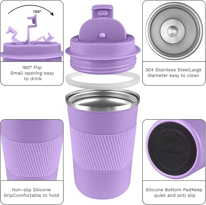 YINBAOGE Insulated Travel Coffee Mug, Spill & Leak Proof, Portable To Go Camping Stainless Steel Coffee Tumbler, Reusable Thermal Coffee Cup with Lid for Hot & Cold Drinks (Purple, 17 OZ)