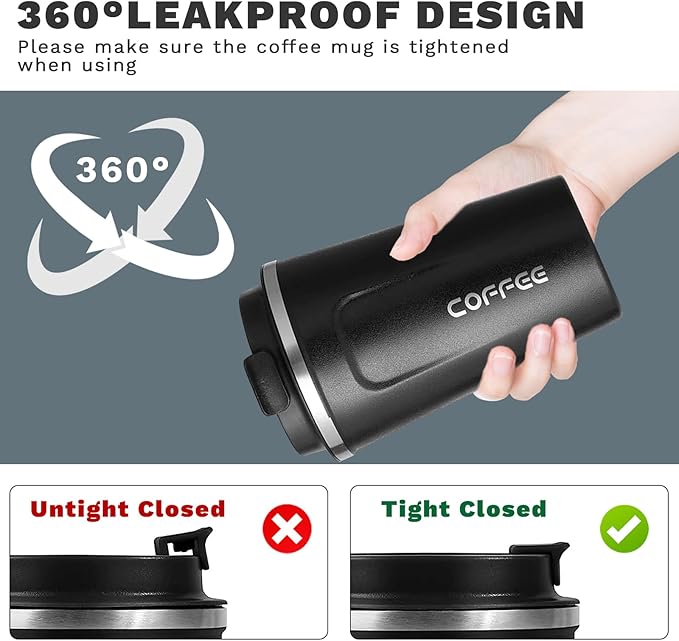 YINBAOGE Insulated Travel Coffee Mug, Spill & Leak Proof, Portable To Go Camping Stainless Steel Coffee Tumbler, Reusable Thermal Coffee Cup with Lid for Hot & Cold Drinks (2nd-Black, 17 OZ)