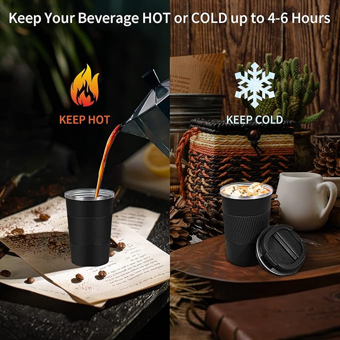 YINBAOGE Insulated Travel Coffee Mug, Spill & Leak Proof, Portable To Go Camping Stainless Steel Coffee Tumbler, Reusable Thermal Coffee Cup with Lid for Hot & Cold Drinks (Black, 17 OZ)