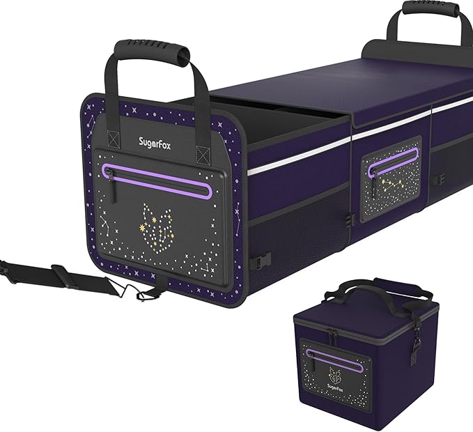 Trunk Organizer | 95L (35"x13.8"x11.8") | 26L Ice Pack Included | Fluorescent Constellation Design | Waterproof, Foldable with Adjustable Straps | for SUVs/Cars - Purple-M004