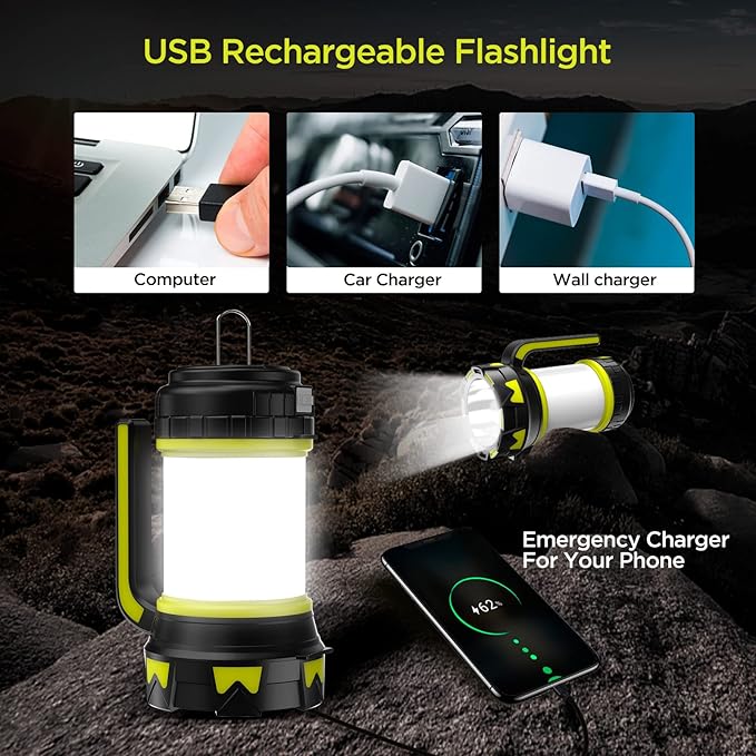 Rechargeable Flashlights Camping Lantern,6 Modes LED Bright Flashlight 3000mAh Battery, IPX4 Waterproof, Emergency Flashlight Lantern for Outdoor, Hurricane, USB Cable Included-1 Flashlight