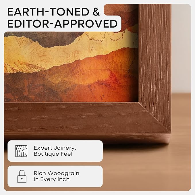 Homeforia 8.5x11 Picture Frame Brown, High End Dark Oak 8.5 x 11 Walnut Wooden Frames with Mat 6 by 8 Photo, 11x8.5 Wood Frame Matted to 6x8, Wall or Tabletop Frame, Tempered Glass, Wall Kit, Set of 1