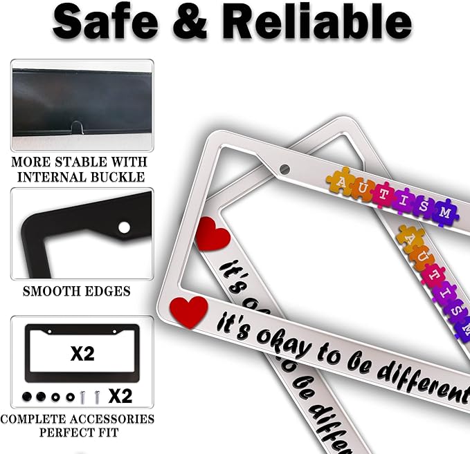 Automotive Exterior Accessories Multicolor License Plate Frames Autism It’s Okay to Be Different Aluminum Metal Car Accessory 2 Pack with Screw Covers Set