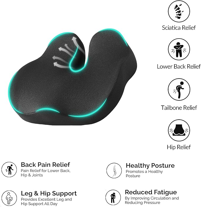 Memory Foam Seat Cushion for Office Chair, Car, Wheelchair – Coccyx Tailbone Support Pad for Sciatica & Back Pain Relief, Ergonomic Chair Cushion for Home, Travel, Work Desk (Black)