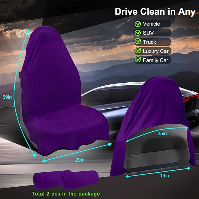 Car Seat Towel Cover, Universal Front Seat Protector for Cars, SUVs and Trucks, Sweat Towel Car Seat Cover for Gym, Yoga, Swimming, Pets and Family Travel, Profound Purple, 2 Pack