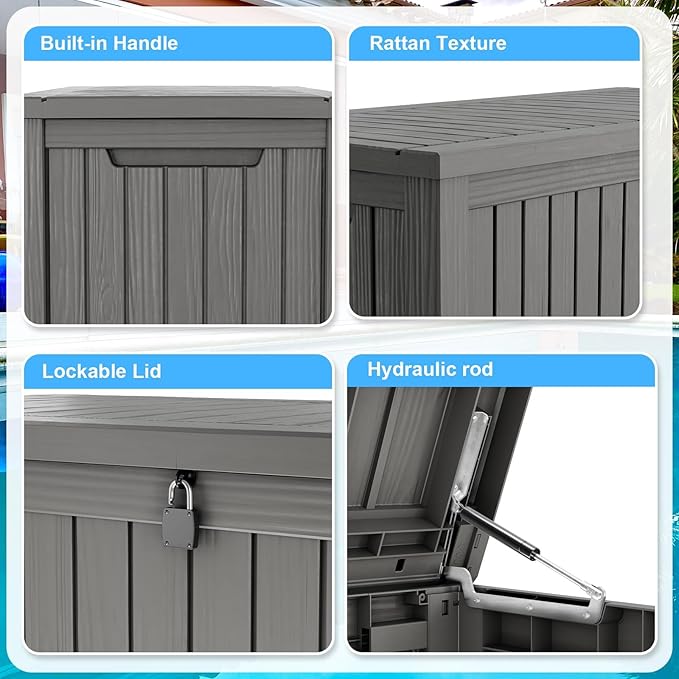 TARKARI 200 Gallon Lockable Resin Deck Box, Waterproof & UV-Resistant Outdoor Storage Box for Outdoor Cushion Storage, Garden Tools & Pool Accessories Storage, Gray