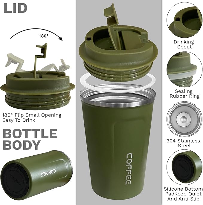 YINBAOGE Insulated Travel Coffee Mug, Spill & Leak Proof, Portable To Go Camping Stainless Steel Coffee Tumbler, Reusable Thermal Coffee Cup with Lid for Hot & Cold Drinks (2nd-Green, 12 OZ)