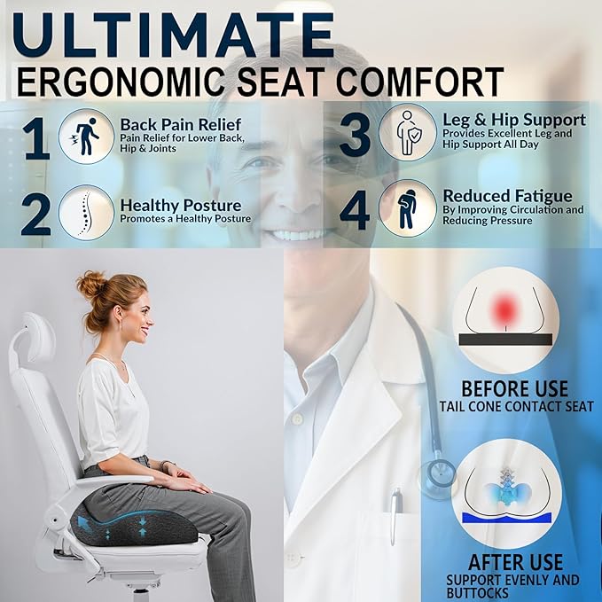 Memory Foam Seat Cushion for Office Chair, Car, Wheelchair – Coccyx Tailbone Support Pad for Sciatica & Back Pain Relief, Ergonomic Chair Cushion for Home, Travel, Work Desk (Dark Gray)