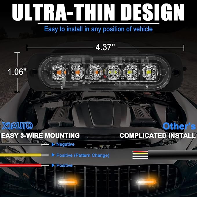 10pcs LED Emergency Strobe Light, Amber White 6-LED Ultra Slim Surface Mount Flashing Warning Hazard Caution Light Bar for Car Truck Off Road Vehicles