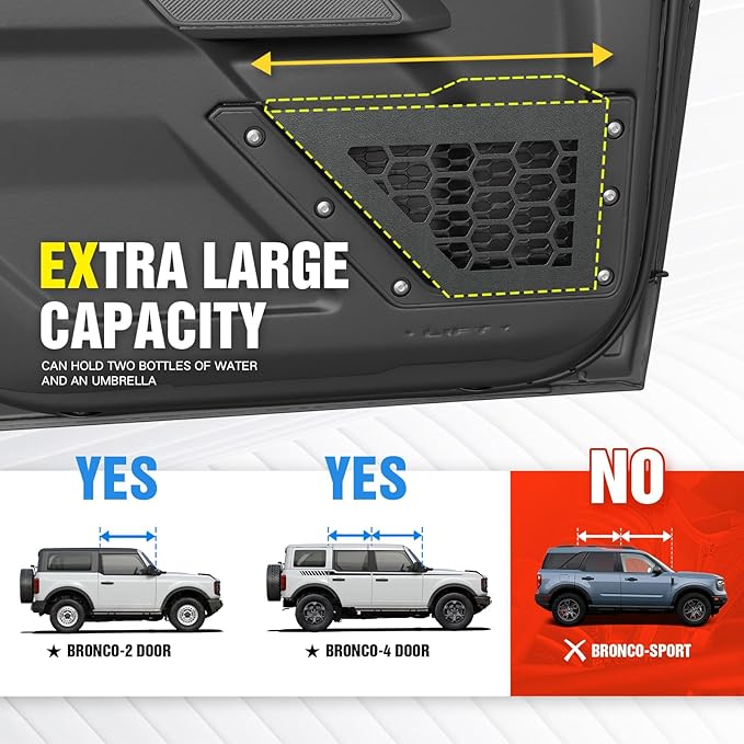 Front Door Storage Pockets Box Compatible with Ford Bronco 2021 2022 2023 2024 2025, Cup Holder Door Side Organizer Molle Panels Expansion Interior Accessories (2/4 Doors, Black, 2 PCS)