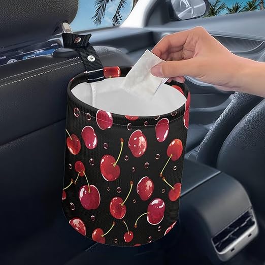 Cute Cherry Car Garbage Bin Collapsible Hanging Portable Waterproof Waste Basket Car Accessories Interior for Car SUV Trucks
