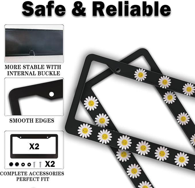 Automotive Exterior Accessories White, Black, Yellow License Plate Frames Daisy Cute Girly Gift Aluminum Metal Car Accessory 2 Pack with Screw Covers Set