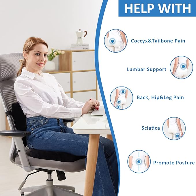 SAIREIDER Seat Cushion and Lumbar Support Pillow for Office Chair, Memory Foam Car Seat Cushions Back Support Pillows, Help Relieve Pain of Back, Lumbar, Tailbone and Sciatic Nerve(Black)