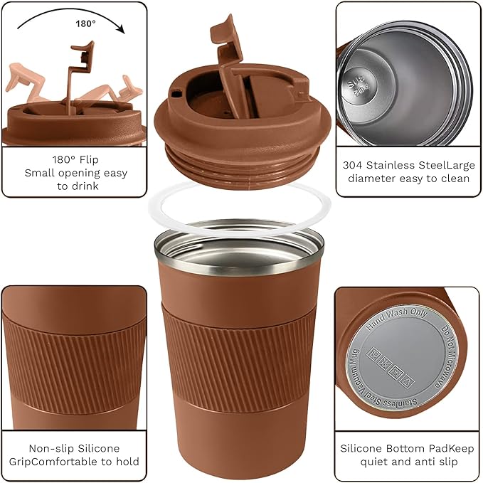 YINBAOGE Insulated Travel Coffee Mug, Spill & Leak Proof, Portable To Go Camping Stainless Steel Coffee Tumbler, Reusable Thermal Coffee Cup with Lid for Hot & Cold Drinks (Brown, 17 OZ)
