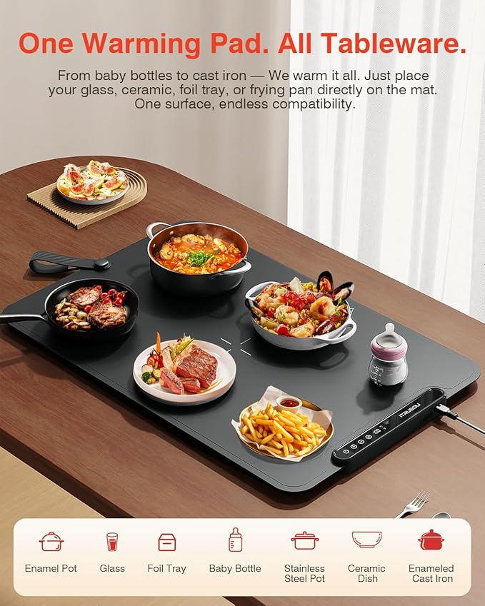 Warming Mat for Food, iTRUSOU Electric Warming Tray with 1–99H Timer, 7 Temp Settings, Patented Full-Surface Heating, °F/°C Switch, Flexible Roll-Up Food Warmers for Parties Buffet, Everyday Use