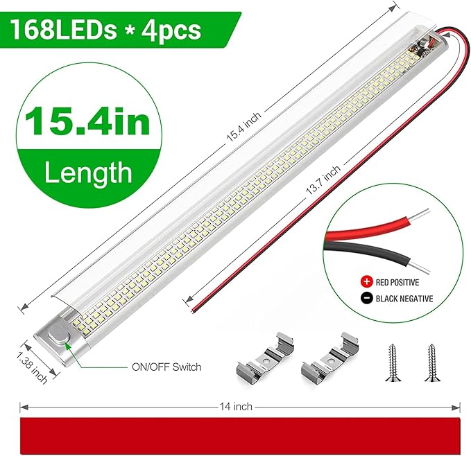 CT CAPETRONIX 12v LED Interior Light Bar, 15.4IN 168LEDs 1700LM 10W, DC 12v Volt led Strip Lights with Switch, for Enclosed Cargo Trailer Car RV Van Truck Lorry Camper Boat Caravan Motorhome (4Pcs)