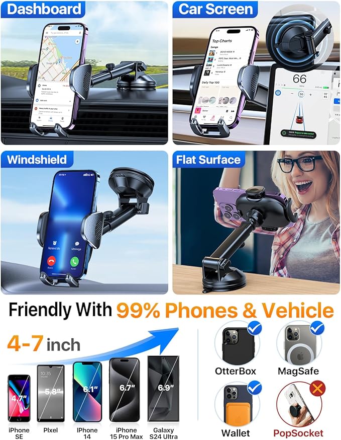 YRU [2025 Upgraded Universal Car Phone Holder Mount【 360° Rotatable&Strong Suction】 Cell PhoneHolder Car Dashboard Windshield Phone Holder Dash Stand for iPhone 16 15 14 13 Samsung Truck, Light Blue