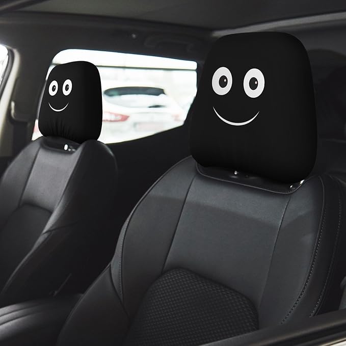 Funny Car Headrest Covers 2 Pack – Double-Sided Angry & Smile Face Design, Universal Stretch Seat Head Rest Protector for Cars, SUVs, Trucks