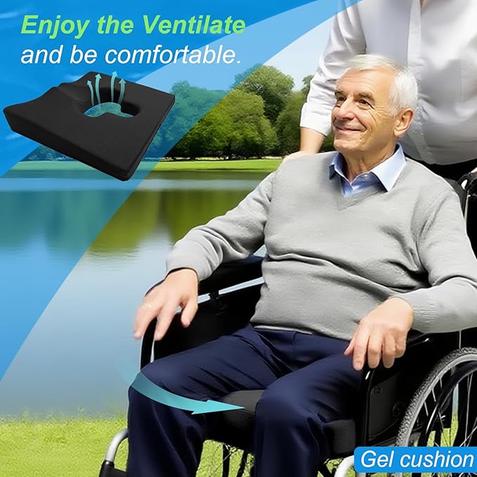 Gel Wheelchair Seat Cushion,Bed Sore Cushions for Butt,Relieve Sciatica,Coccyx,Pressure Sore and Ulcer Pain Relief Pillow,Cushion for Office Chairs,Removable&Washable Cover.(Elevated Set Black)