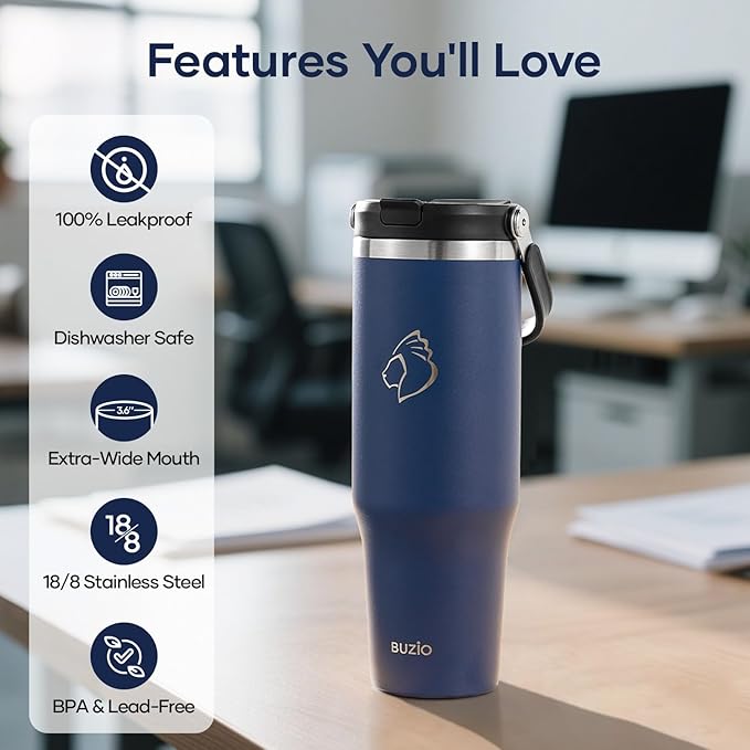 BUZIO 32 oz Tumbler with Handle, Insulated Tumbler with 2-in-1 Lid and Straw, Stainless Steel Vacuum Insulated Iced Coffee Tumbler Cup Water Bottle for Water, Iced Tea or Coffee, Smoothie