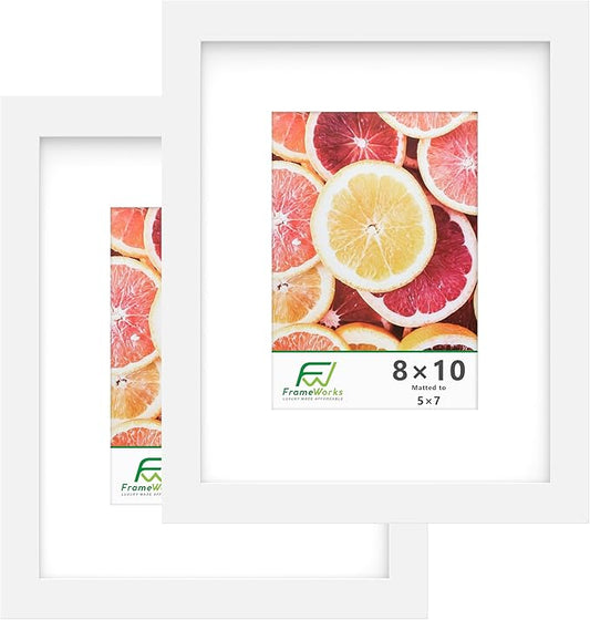 FrameWorks 2-Pack, 8x10 Matted to 5x7 Picture Frame, White – Classic Wooden Photo Frame with Tempered Glass, Modern Matte Finish for Prints, Posters, Certificates & Wall Decor – Gallery-Ready