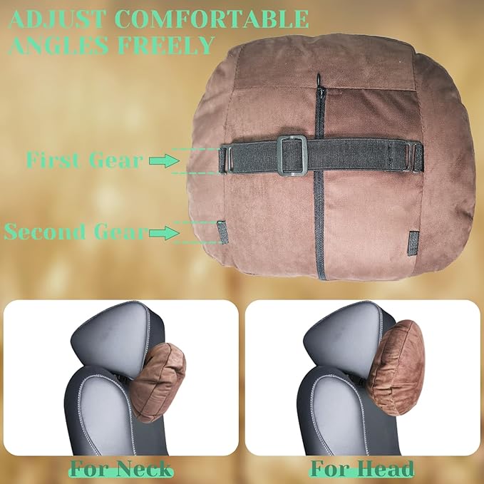 1 Pack Universal Car Headrest & Neck Support Pillow Soft Auto Seat Headrest Neck Rest Cushion for Driving with Adjustable Strap, Memory Cotton and Removable Cover, Ergonomic Design Brown