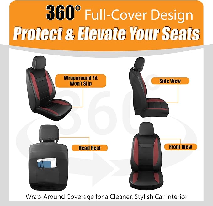 kingphenix 2PCs Memory Foam Leather Car Seat Covers, Breathable 4D Mesh, Easy Install Automotive Seat Protectors, Airbag Compatible, Universal Fit for Cars, Trucks, Vans, SUV - Red