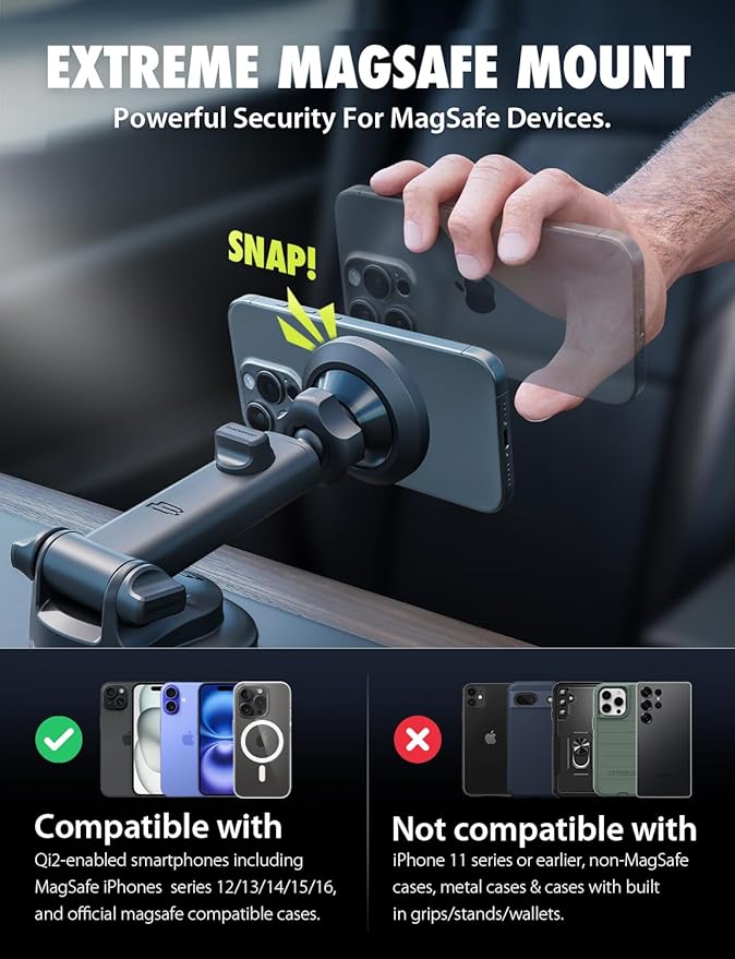 Bracketron MagSafe Car Mount,MagAlign Pro Extend Magnetic Phone Holder for Car Windshield & Dashboard & Vent,360° Vacuum Suction Cup Phone Mount for iPhone 16 Pro Max 15 14 13 12,Car Accessories.