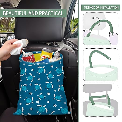 Cute Car Trash Can, Hanging Canvas Car Back Seat Organizer and Storage Bag, Funny Car Trash Bag For Travelling, Outdoor Cute Blue Sea Turtle
