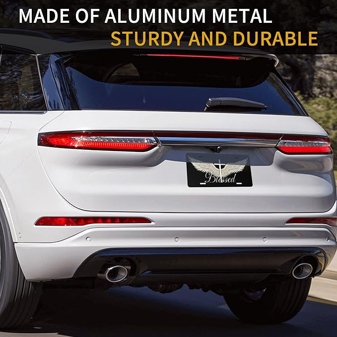 Front License Plate Wing Cross Blessed Vanity Plates Aluminum Metal Decorative Car Tag Novelty License Plate Cover for Men Women 6 * 12 in (4 Holes)