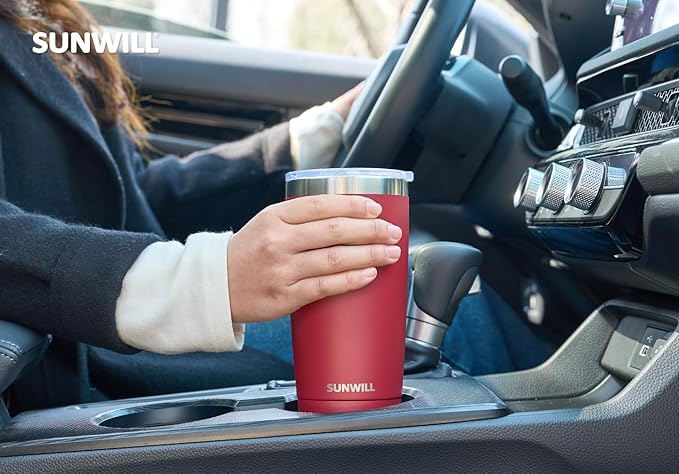 SUNWILL Travel Coffee Tumbler 20 oz, Insulated Mug with Lid, Stainless Steel Cup for Hot and Cold Drinks, Powder Coated Wine Red