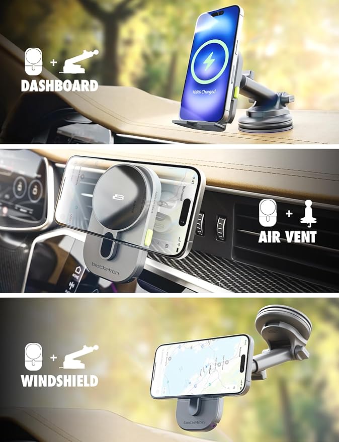 Bracketron MagAlign Extend 15W Magsafe Car Mount Charger, Magnetic Car Phone Holder Charger Wireless Car Charger for iPhone 16 Pro Max 15 14 13 12,Vent/Windshield/Dash Phone Mount Holder Fast Charger