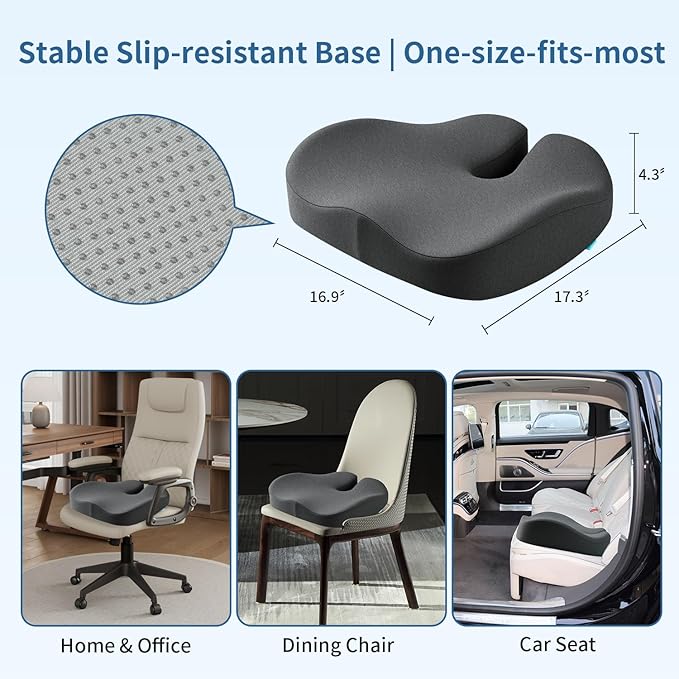 Dense Memory Foam Seat Cushion for Tailbone Pain Relief - Orthopedic Coccyx Support for Hemorrhoid & Sciatica - Fits Wooden/Office Chairs & Home