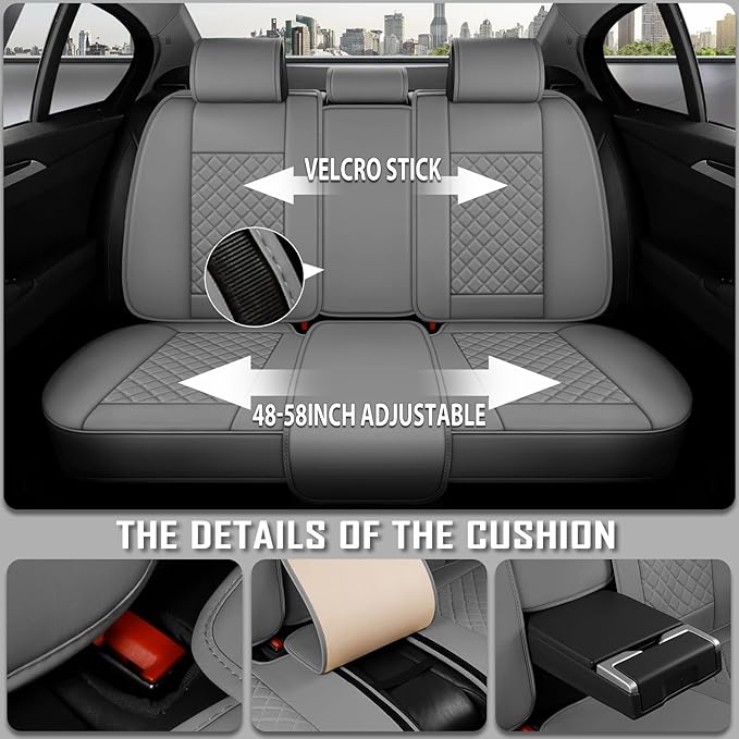 Premium Leather Car Seat Covers, Universal Fit for Cars SUVs Trucks and Sedans, Waterproof Car Seat Cushion with Airbag Compatible & Scratch-Resistant, Grey Seat Covers for 5 Seats