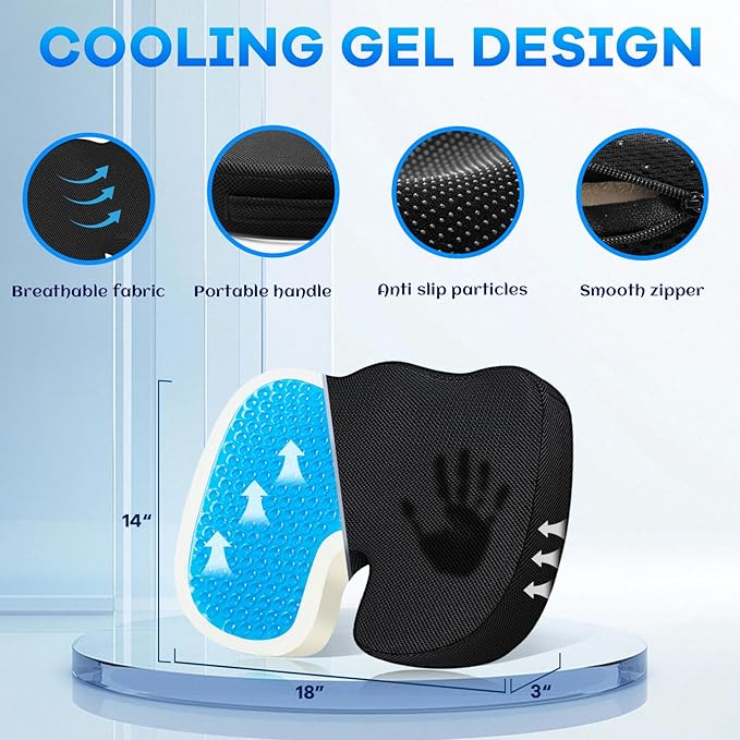 Gel-Infused Seat Cushion & Memory Foam Lumbar Pillow Set,Non-Slip Bottom,Breathable Mesh Cover,Portable Handle - Ergonomic Support for Office Chair Cushion, Car Seat Cushion and Wheelchair,Black