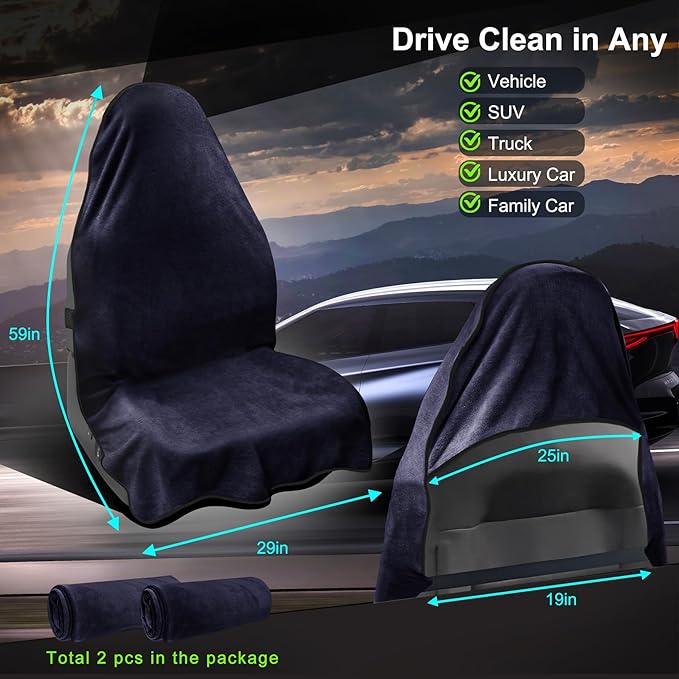 Car Seat Towel Cover, 2pcs Universal Front Seat Protector for Cars, SUVs and Trucks, Sweat Towel Car Seat Cover for Gym, Yoga, Swimming, Pets and Family Travel, Navy